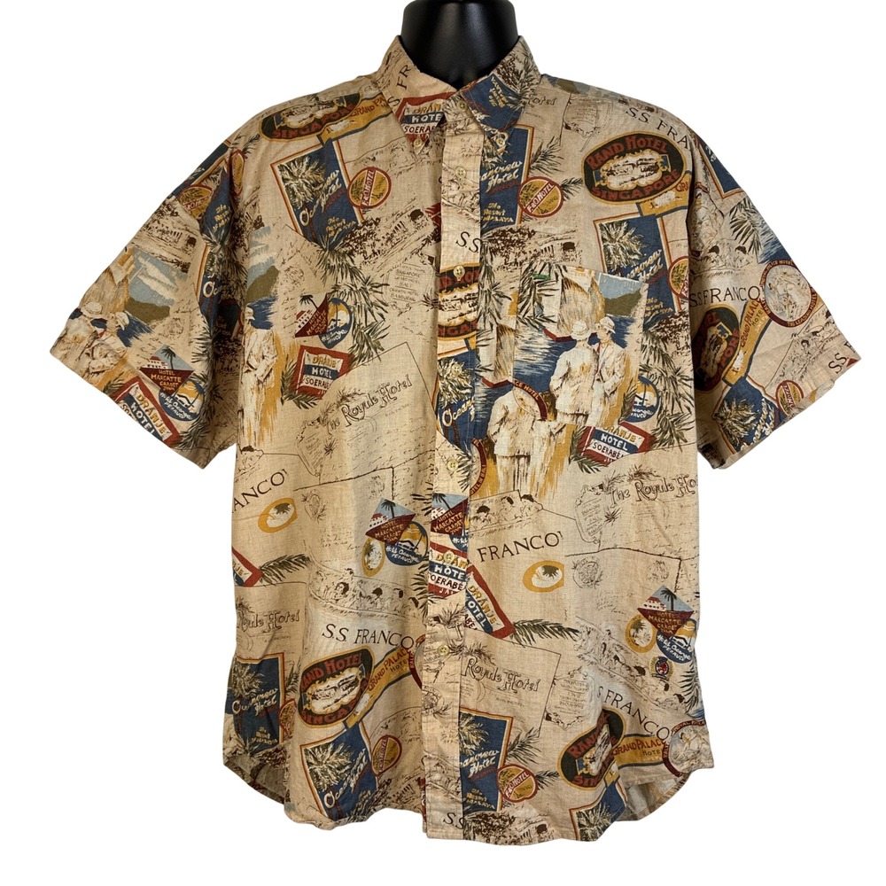Tommy Hilfiger Men's Linen Cotton Travel Map Print Short Sleeve Shirt Large